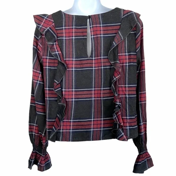 Plaid Ruffle Long Sleeve Cotton Blouse Sz Small Flannel Grunge Boho Ruffles - Picture 3 of 9